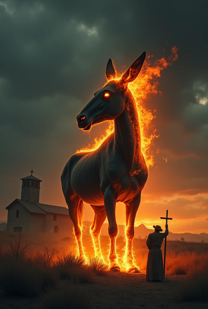 In the middle of the field, under the dark, starless sky, The headless mule, wrapped in orange flames, emerges from the darkness. The creature, imposing and terrifying, has no head, but it is in a menacing pose, with hooves raised and flames coming from its body. Ao fundo, the old ranch is partially visible, wrapped in darkness, while Father Emanoel, small in comparison, raises the crucifix against the creature.