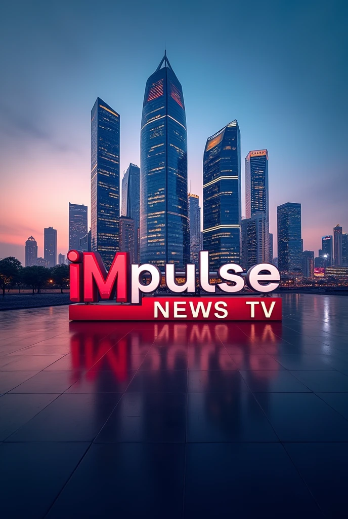 Create a News Channel Tv Logo for youtube branding, Channel Name is "iMpulse News Tv" with high rise buildings in background