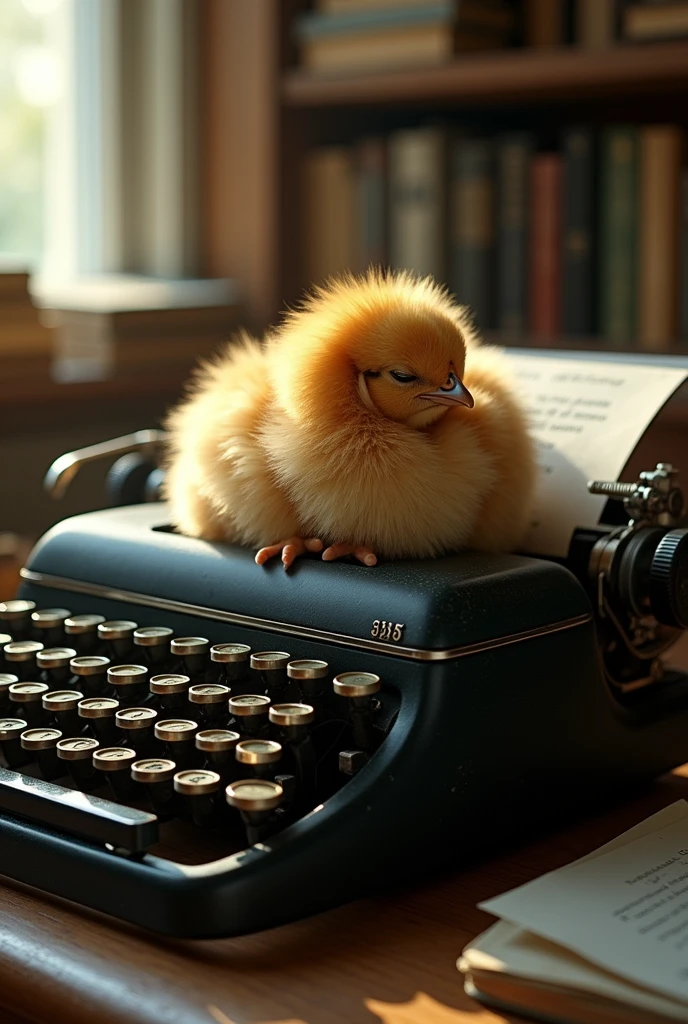 Hyperrealistic image of a typewriter with a chicken sleeping on top of it