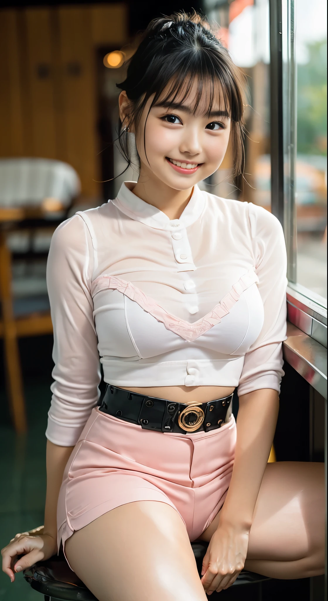 1 girl , (cropped white blouse:1.2), (cropped pleated miniskirt), coffee shop, cinematic light, beautiful woman, wicked smile