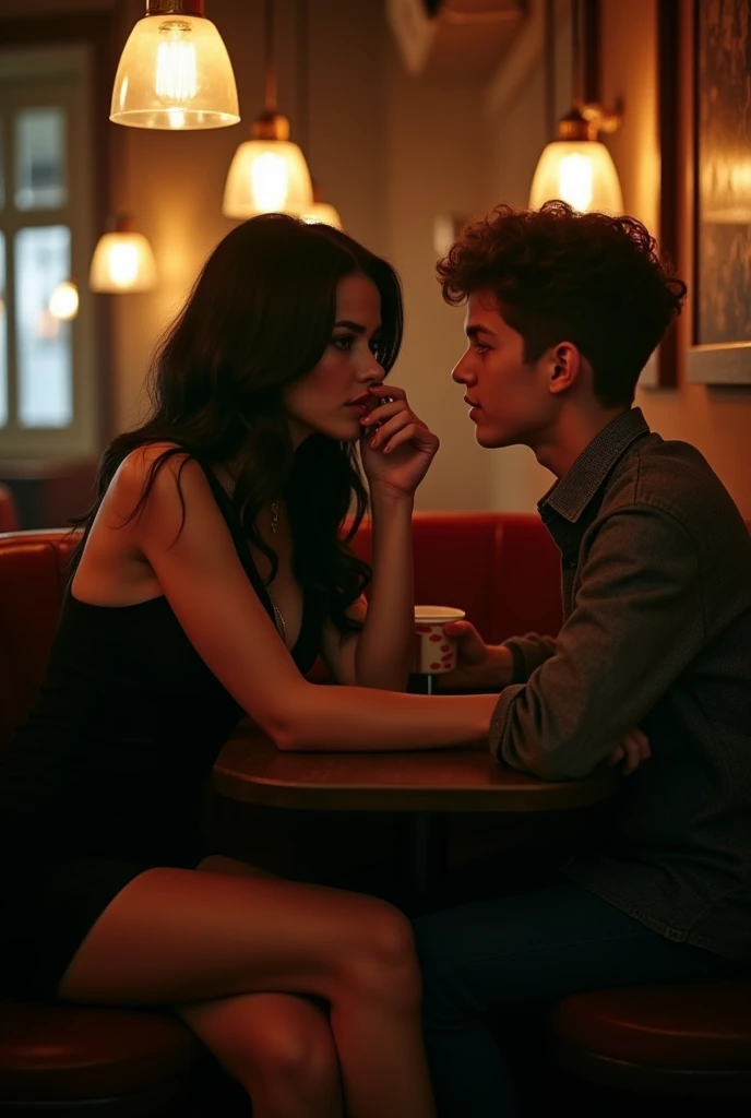 A seductive beautiful woman with black long hair wearing a short black dress and seducing a shy teenager boy