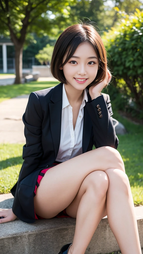 (Only one person), pure young Japanese girl, outstanding body, beautiful legs, sexual attractive, wearing formal summer jacket and blouse and pleated skirt, high heels, formal makeup, black shorthair, sweet smile, sitting in last summer sunlight, Professional pin-up Portrait Photography、