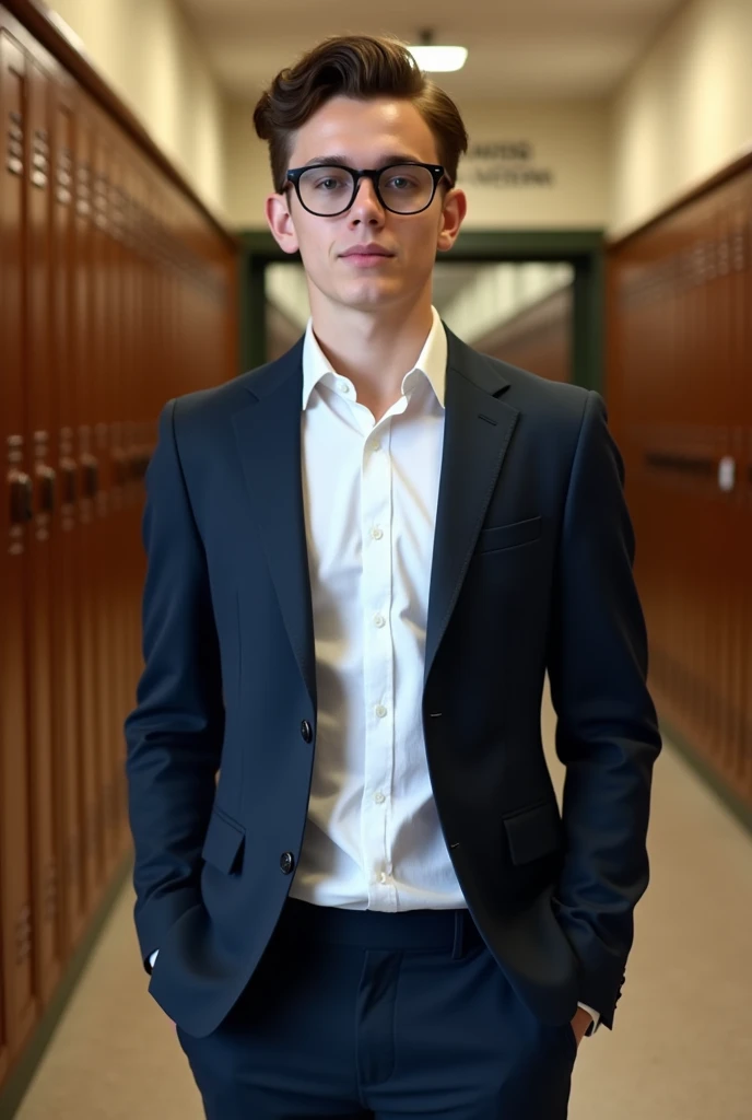 16 year old boy, having good fitness, wearing spectacles in formal dress