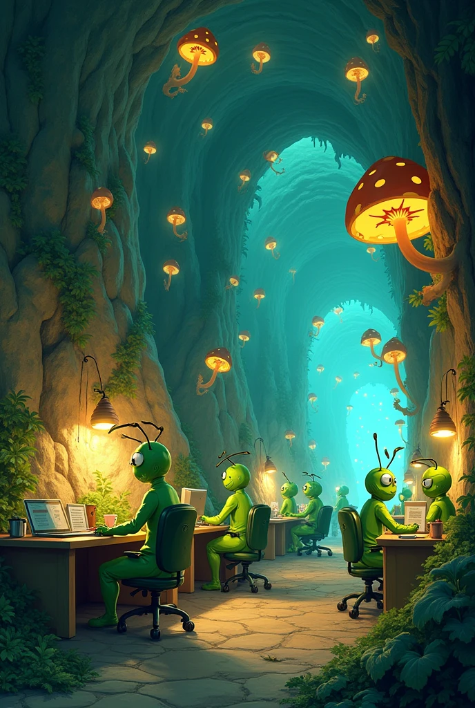 Team of ant employees in green uniform