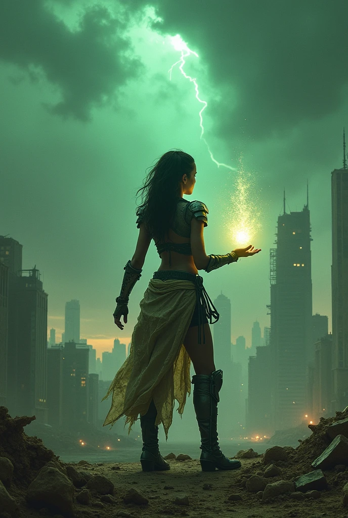 A book cover for the post-apocalyptic novel, The scene shows a young woman standing with her back to the viewer, facing a city in ruins with crumbling buildings and debris scattered across a desolate landscape. She wears a mix of and futuristic elements. In her hand, she channels magical energy without a staff, creating a glowing aura around her hand. Dark storm clouds gather above, with a faint, eerie greenish glow hinting at the presence of magic.