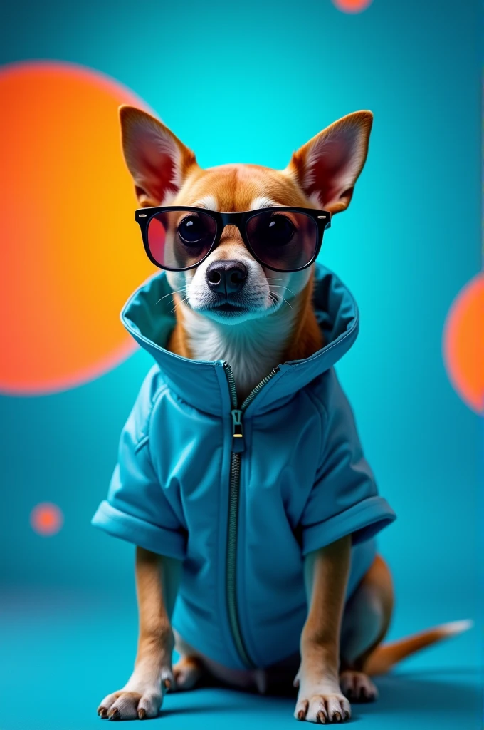 The best cell phone wallpaper, Award-Winning Wallpaper, portrait photography, In the front view is a portrait of a cute dog wearing mid-1960s space age fashion, Side view photo, Shot with Canon EOS R5, Set a strong contrast that accentuates the subject, Fluorescent blue tone, Wearing a very modern coat and sunglasses is a modern 1960s style, Clothes all in one color, beautiful background