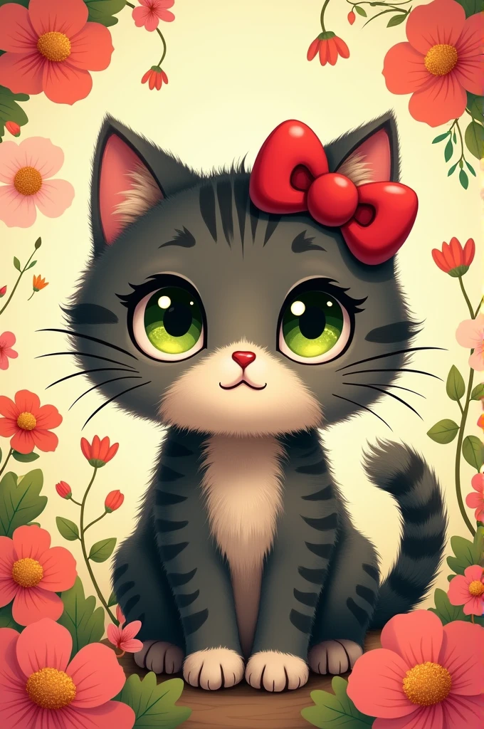 Hello Kitty with dark tabby cat features and green eyes