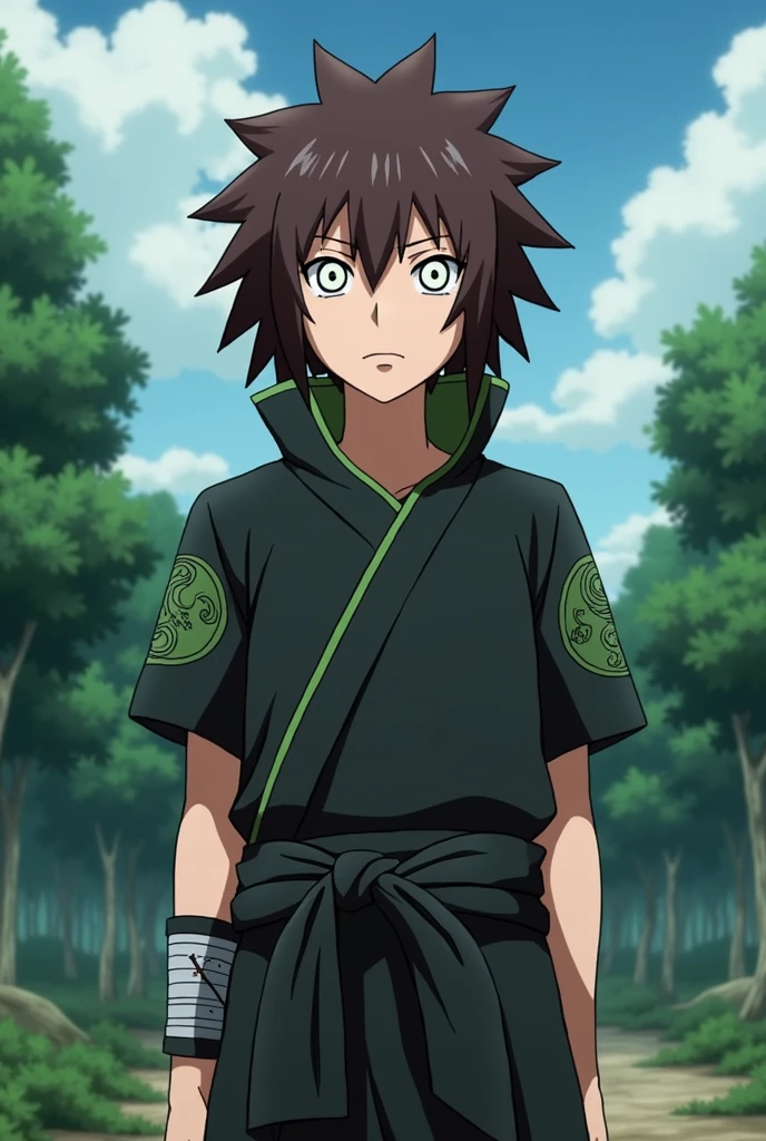 A character from Naruto: the last do clã Hyuuga com olhos de Byakugan, brown curly hair that hits the shoulder. Your black clothes with small green details, a bandana around the waist and the symbol of his clan on his arms.