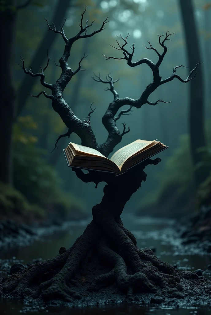 a book of shadows, placed in a kind of diabolical plant, so that he holds him in the air, as if holding him with his branches, he is surrounded by a black mud and has characteristics of an umbra environment