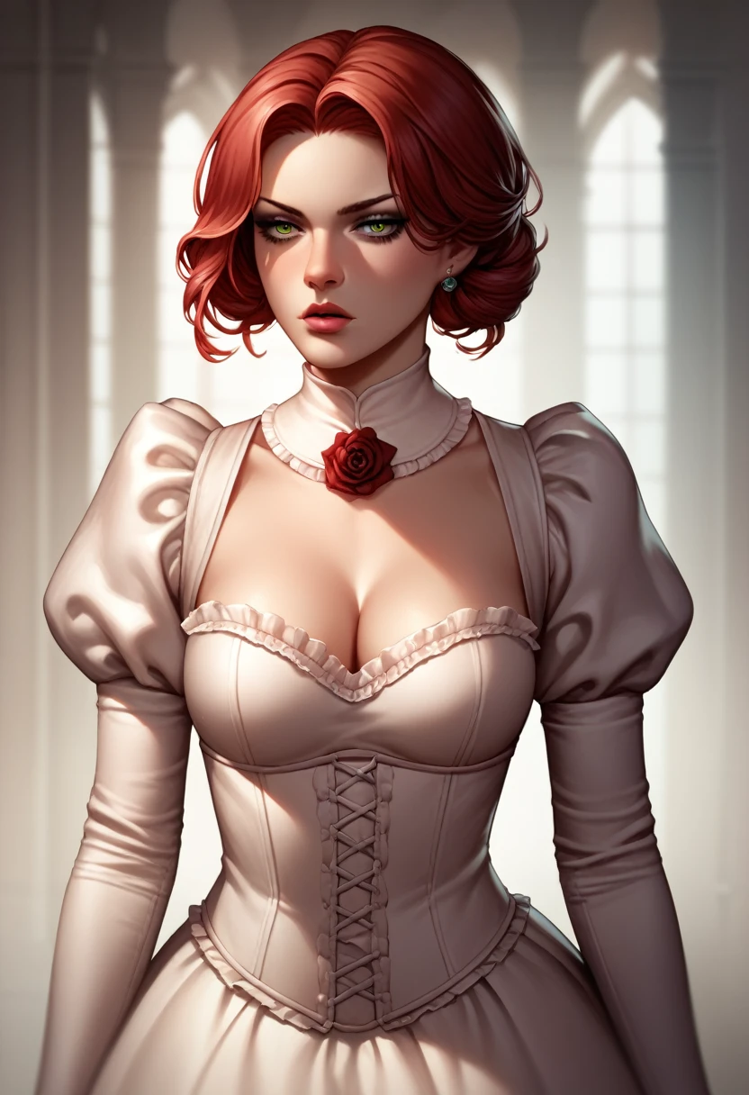 naughty, red hair, eyes yellow, mid hair, cry, ssadness, darkness, dress victorian