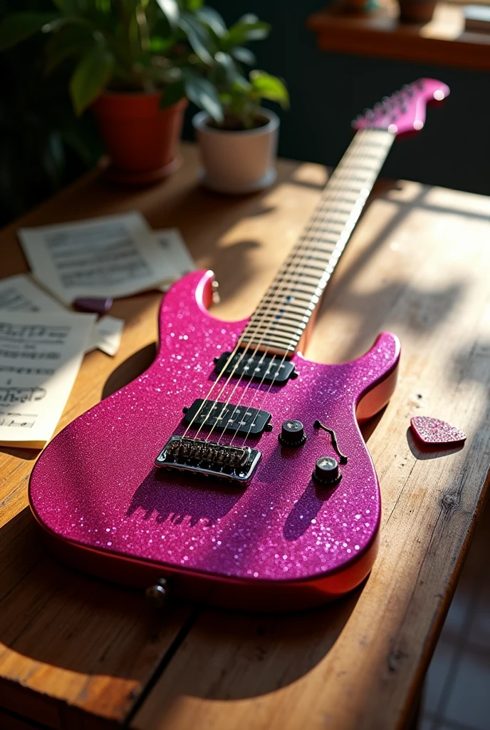 A guitar decorated with pink glitter on top of a wooden table 