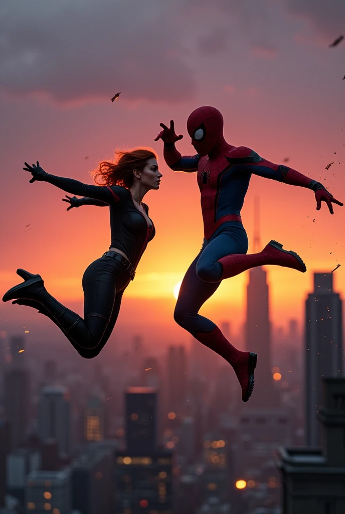 Home, the Marvel superhero, is flying through the burning buildings, swinging on his webs, rescuing a beautiful woman.