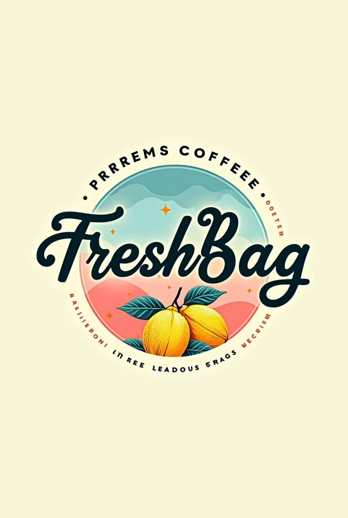 Logo, circular, fresh coffee water shop, Brokenly, Five, lemon, horchata. sold in bags, bright colors, The company name, FreshBag, In the middle, minimalist, with blue, pink, and yellow colors
