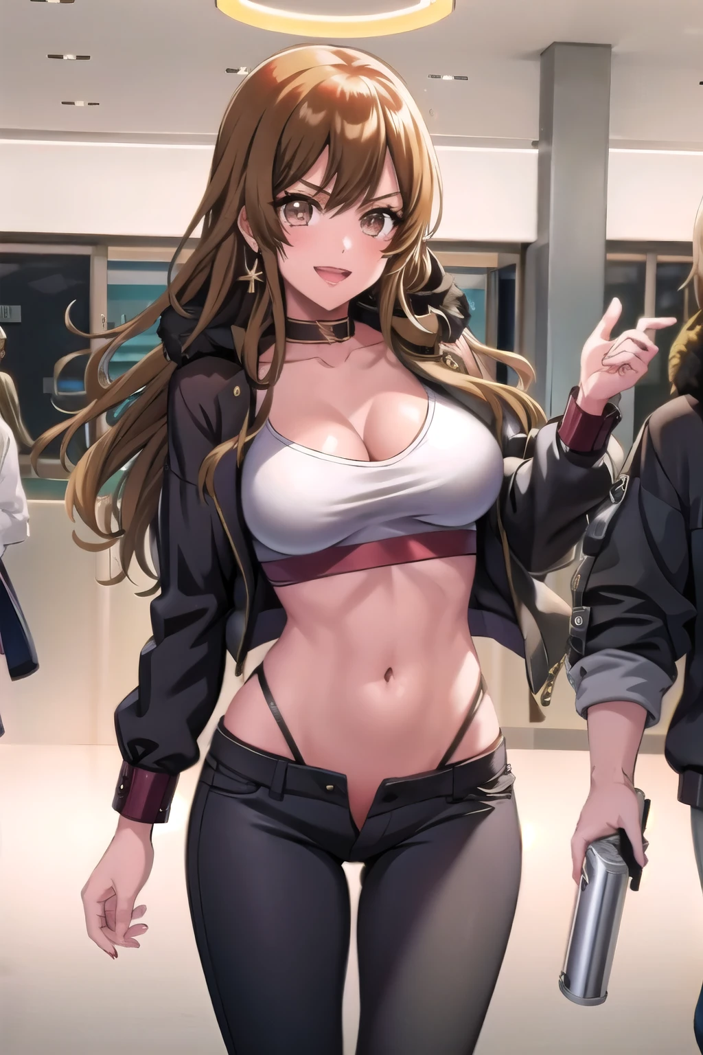 1girl, perfect face, wide hips, narrow waist, solo , KyokoDj, headpones around neck, bangs, brown eyes, long hair,brown hair, seductive smile, mall, shopping center,indoors, blush, lipstick, jewelry, earrings, Hot girl, baddie, mean girl, sensual, attractive, masterpiece, best quality, highly detailed, a girls with a gun, evil smile , open mouth, sexy gaze, badass
pose , evil smile, smile, (nsfw) not safe for work, guns blazing, anime girl with long hair, beautiful long
haired girl, navel, evil expression, exposed belly, exposed navel, exposed midriff, exposed lower belly,
long black pants, crop top, cleavage, unbuttoned leather pants ,open fly, low rise black leather pants,
leather jacket, holding a gun, holding pistol, navel piercing