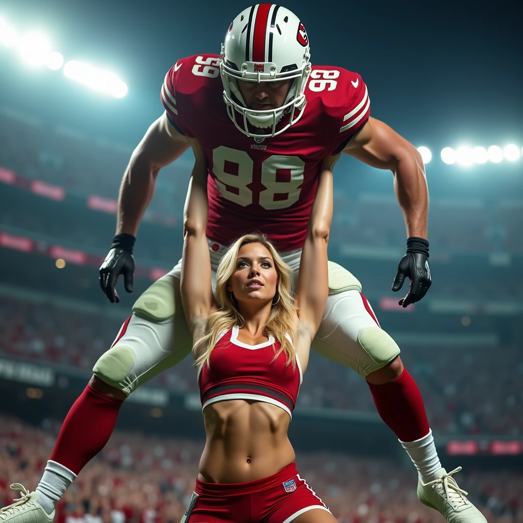 Blonde, Beautiful, and strong girl cheerleader lifting a large male football player high above her head with her strong arms. Photorealistic. View from a distance. Wide angle. Male on top.