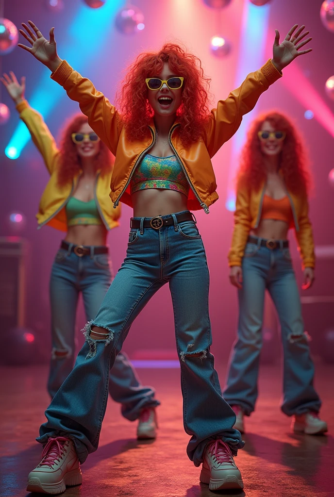 red-haired girl,80s party clothes ,fully body, 3 positions