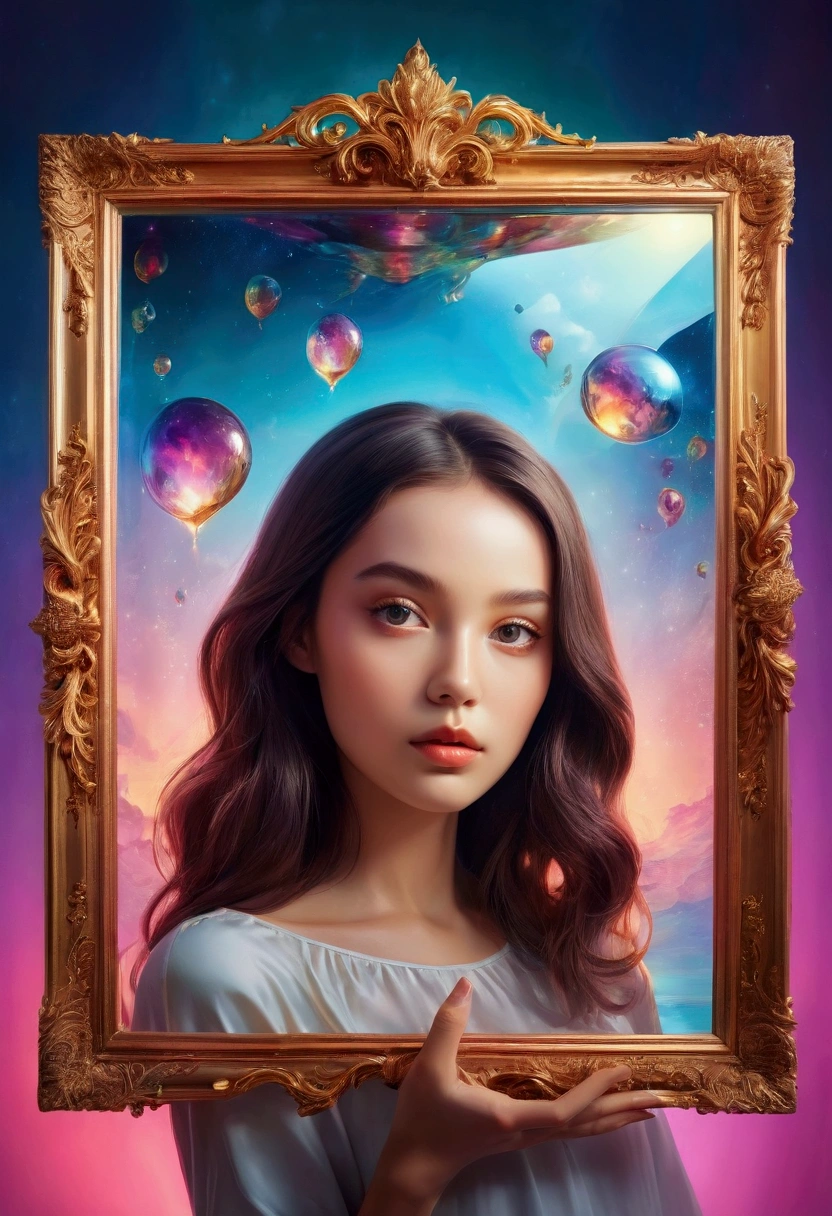 A person holding a photo frame with a beautiful girl's photo, surreal art illustration, vibrant colors, detailed mirror reflections, realistic lighting, emphasis, portrait, surrealism, ethereal, distorted, abstract, conceptual art
