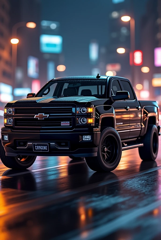 Animated cool image of a 2014 Chevy Silverado all black truck with only a chrome grill, medium size, side profile with the words Cheyenne on the door, full truck image, 4 door made for racing streets 