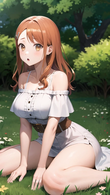 masterpiece, best quality, highres, 1girl, anjou naruko, hairclip, large breasts, white dress, off shoulder, belt, long hair, hair_down, :o, wariza, grass,