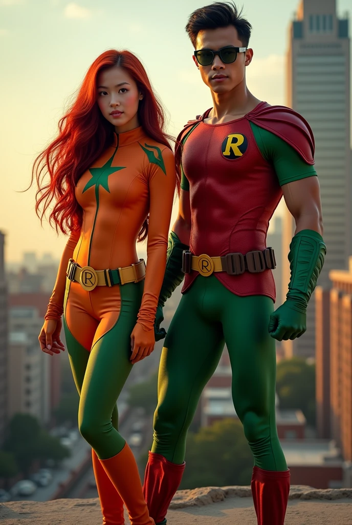 Create an Asian girl with a muscular Asian boy who is taller than the girl.. side-by-side, Dress the girl in Estelar's clothes and the boy in Robin's clothes. Starfire and Robin are from  Titans, the image has to be realistic, as if it were a photo