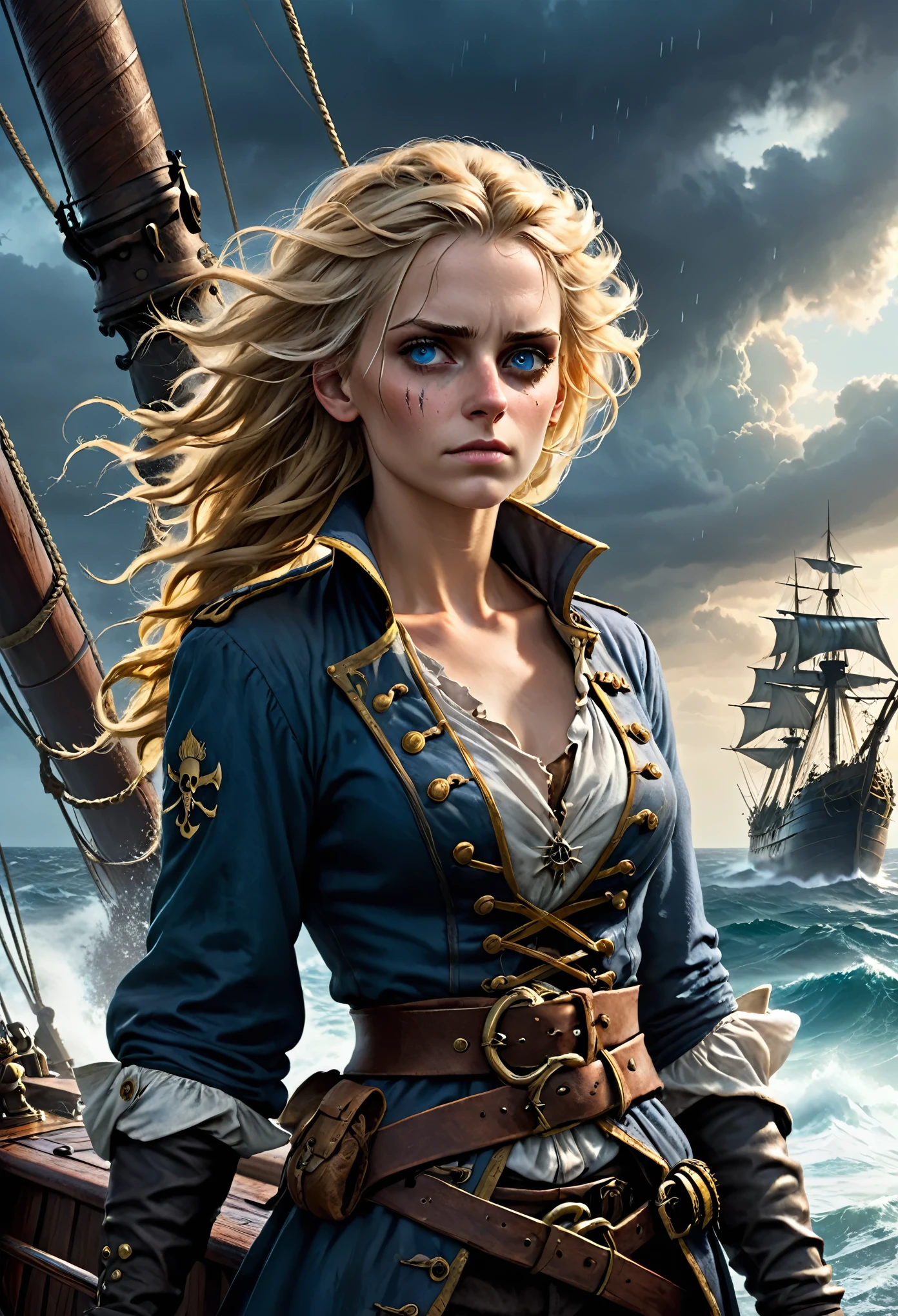 (Realistic:1.2), Grimy 24-year-old blonde pirate woman with weathered skin, sea-sprayed hair, and a salty gaze leaning against mast of. her storm-battered ship, a dagger by in her hand limp at her side, exhausted after another sea battle. The rough grey sea stretching out before her like an endless battlefield, waves crashing against the vessel's hull as dark, foreboding clouds gather on the horizon, an airship looming in the distance, its billowing sails tattered, the pirate's tunic a deep, rich blue with sea-worn whites and tawny leather accents, contrasting warm golden light on weathered wood and cold blue shadows, 8k hyper-real fantasy matte painting in the style of Simon Stalenhag, ZBrush textures and Unreal Engine 5, detailing reminiscent of Iain McCaig's concept art, loose brushstrokes echoing the rugged seascape my soulmate.