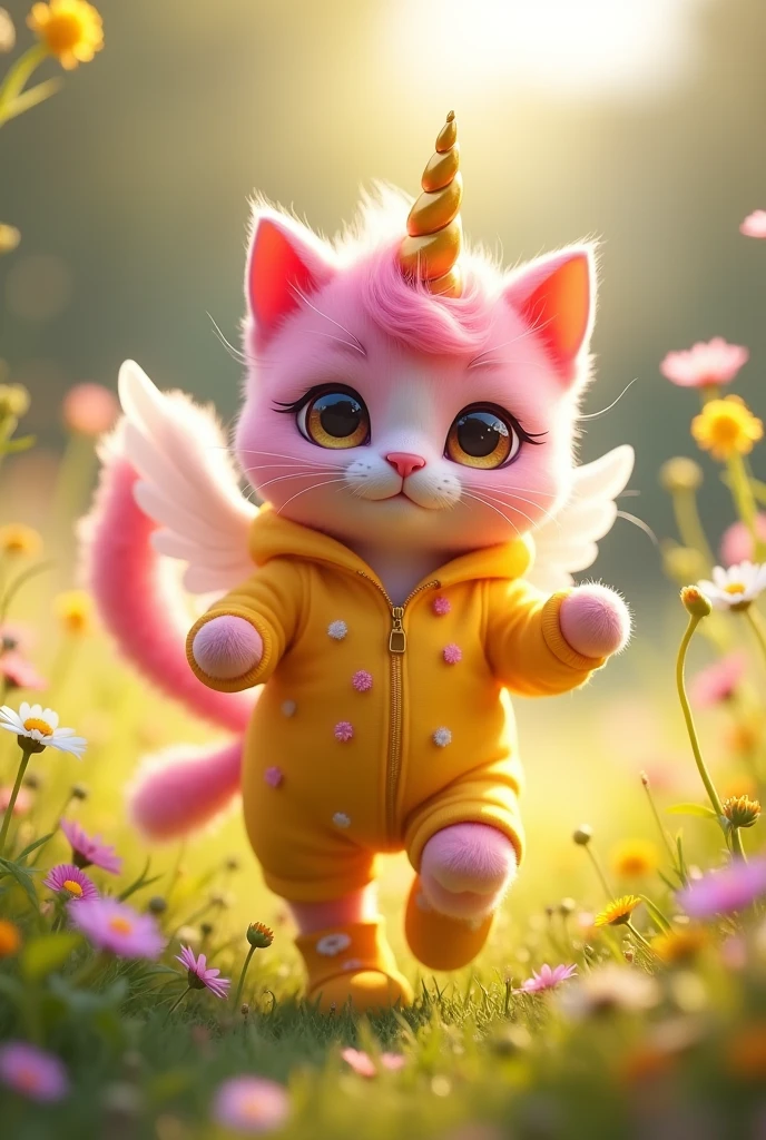 A pink alicorn cat with brown eyes is wearing a yellow jumpsuit. The front of the jumpsuit has a jis and yellow shoes. It is slightly thin with a furry and plump tail, white wings and a golden horn in the middle of its forehead.