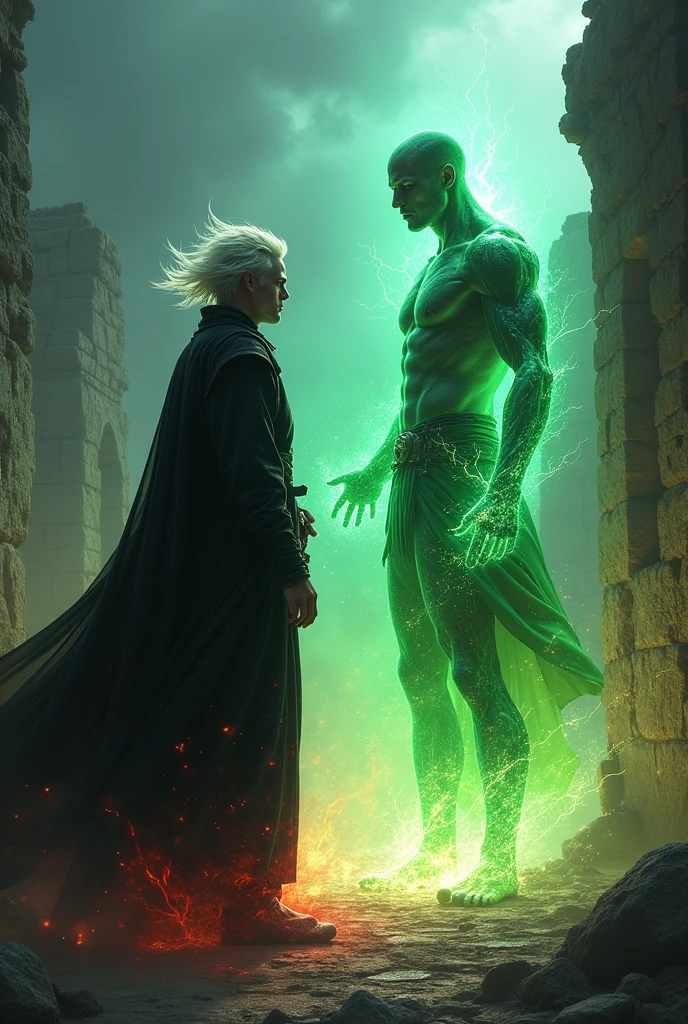 Make a tall man with an aesthetic body with medium messy white hair , that he has black and white clothes in a medieval style, make it have colored energy powers , blue, negro, green , Red and yellow, hazlo peleando contra un ser humaoide  pelón de su misma altura green con poderes de energía green , Height 1.80