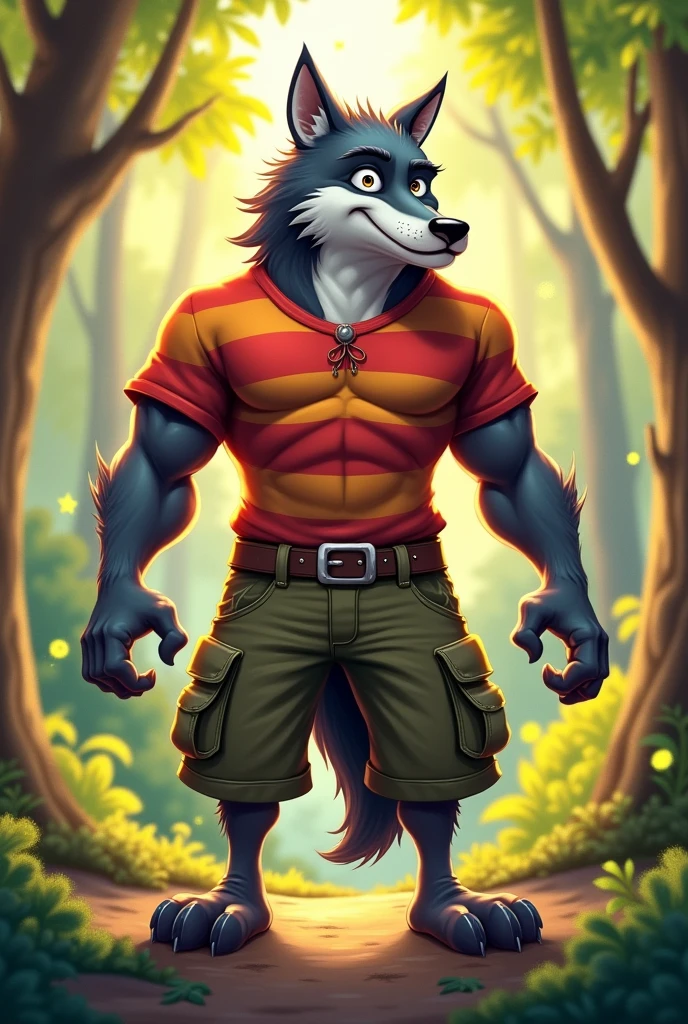 A wolf with a body resembling that of a human in a cartoon style, wearing a shirt with cargo pants, no shoes, with wolf hands