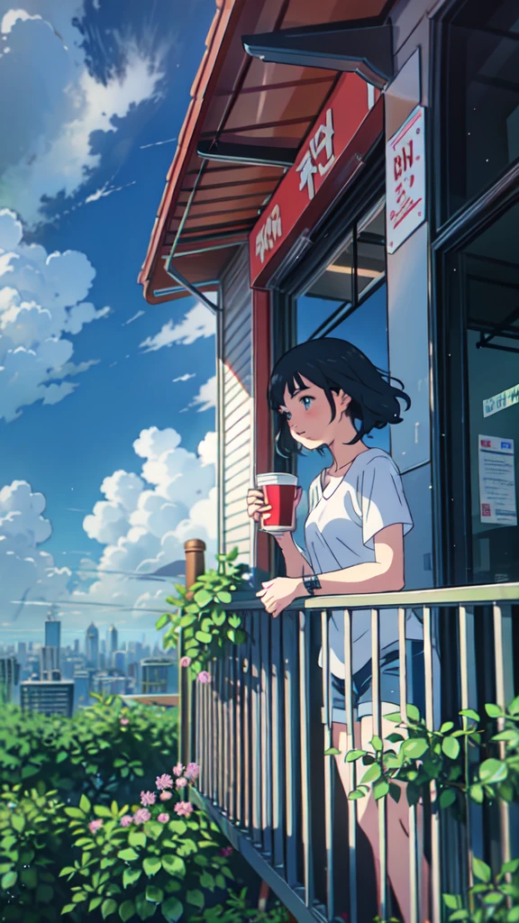 Standing on a balcony with a cup of coffee, cgsociety 9, Chill Hop, Alena Aenami and Artgerm, Makoto Shinkai and Artgelm, Lo-fi girl aesthetic, Anime Scenery, makoto shinkai and (Cain Kuga), Lo-fi aesthetic, Anime scenery, Anime Nature, roof backgrond, Anime Wallpaper，It's a sudden downpour outside.