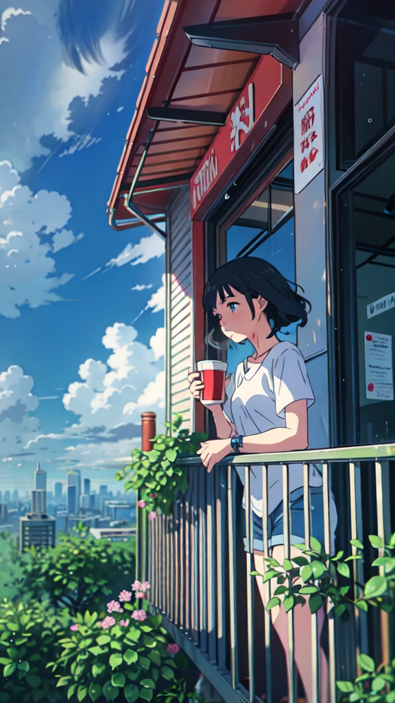 Standing on a balcony with a cup of coffee, cgsociety 9, Chill Hop, Alena Aenami and Artgerm, Makoto Shinkai and Artgelm, Lo-fi girl aesthetic, Anime Scenery, makoto shinkai and (Cain Kuga), Lo-fi aesthetic, Anime scenery, Anime Nature, roof backgrond, Anime Wallpaper，It's a sudden downpour outside.