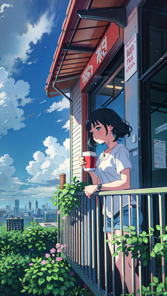 Standing on a balcony with a cup of coffee, cgsociety 9, Chill Hop, Alena Aenami and Artgerm, Makoto Shinkai and Artgelm, Lo-fi girl aesthetic, Anime Scenery, makoto shinkai and (Cain Kuga), Lo-fi aesthetic, Anime scenery, Anime Nature, roof backgrond, Anime Wallpaper，It's a sudden downpour outside.