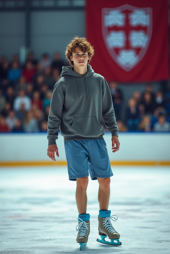 Draw a young adult skater, American man,with ice blue ice skates,skateboarding clothes,the skating rink with the Harvard flag,who is also a doctor, got a scholarship to study at Harvard because of his skating talent,  brown hair and blue eyes, pele caucasiana.