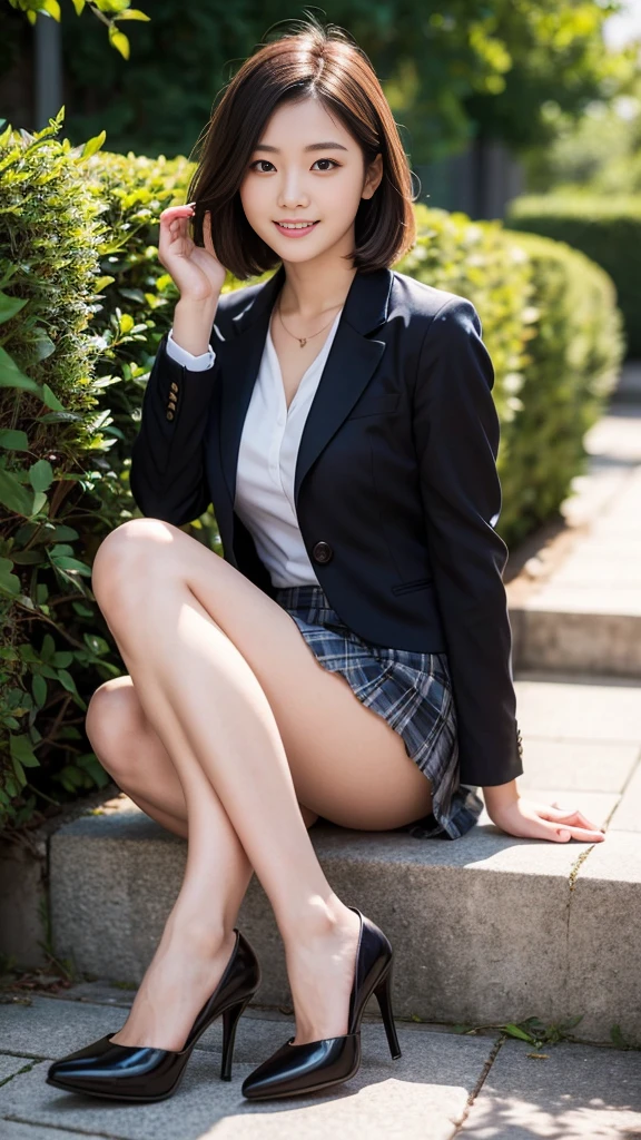 (Only one person), pure young Japanese girl, outstanding body, beautiful legs, sexual attractive, wearing formal summer jacket and blouse and pleated skirt, high heels, formal makeup, black shorthair, sweet smile, sitting in last summer sunlight, Professional pin-up Portrait Photography、