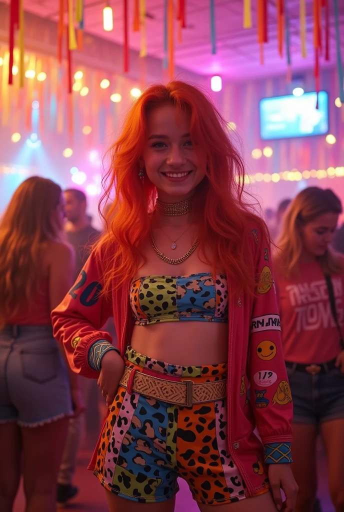 red-haired girl,80s party clothes ,fully body