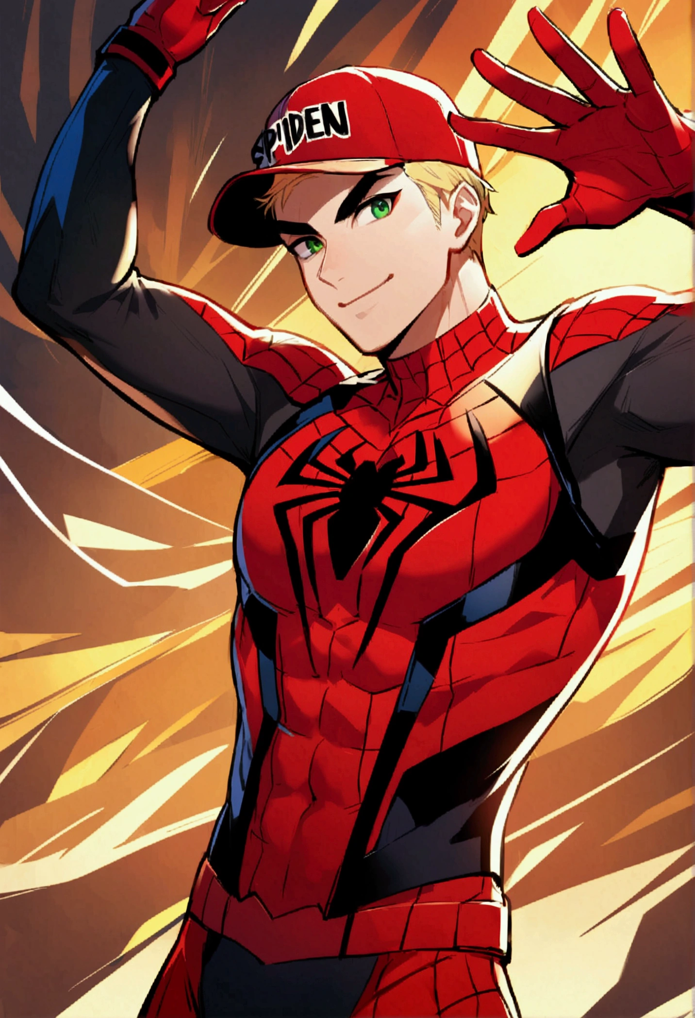 2d illustration of a Young man with shaved blond  hair with Prominent eyebrows a, Green eyes, Sincere smile and white complexion. With athletic body dressed in the Spiderman suite With A red baseball cap