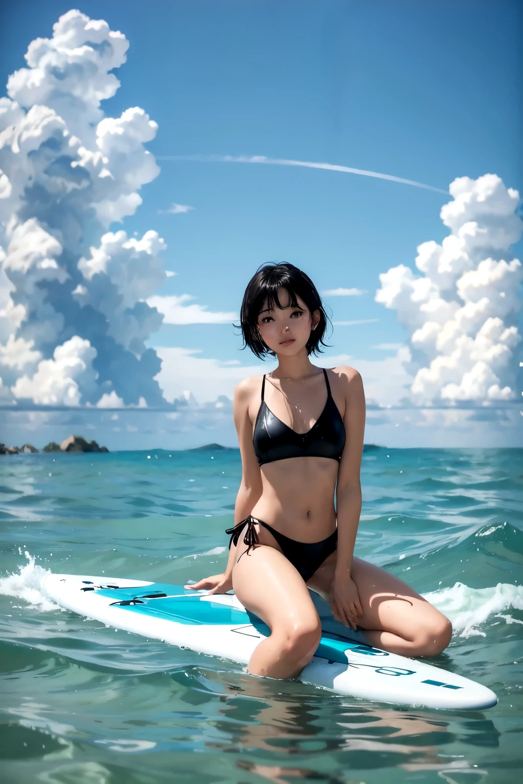 At sea in the early morning、One Woman、Young and beautiful、Floating on the surface of the ocean on a surfboard、Dip your feet in the sea、 Wearing colorful and sexy swimsuits、Short black hair、Beautiful Face、Detailed Description、Transparent sea、Calm sea without waves、Extreme Sports Photography、(Highest quality, masterpiece, High resolution)、8k、wallpaper、