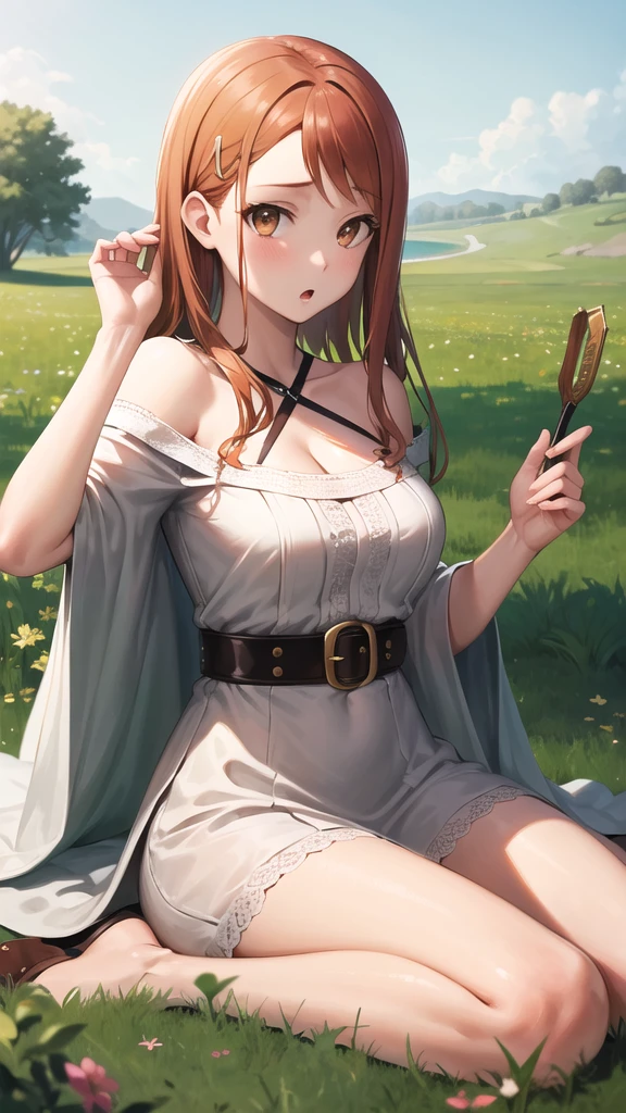 masterpiece, best quality, highres, 1girl, anjou naruko, hairclip, large breasts, white dress, off shoulder, belt, long hair, hair_down, :o, wariza, grass,
