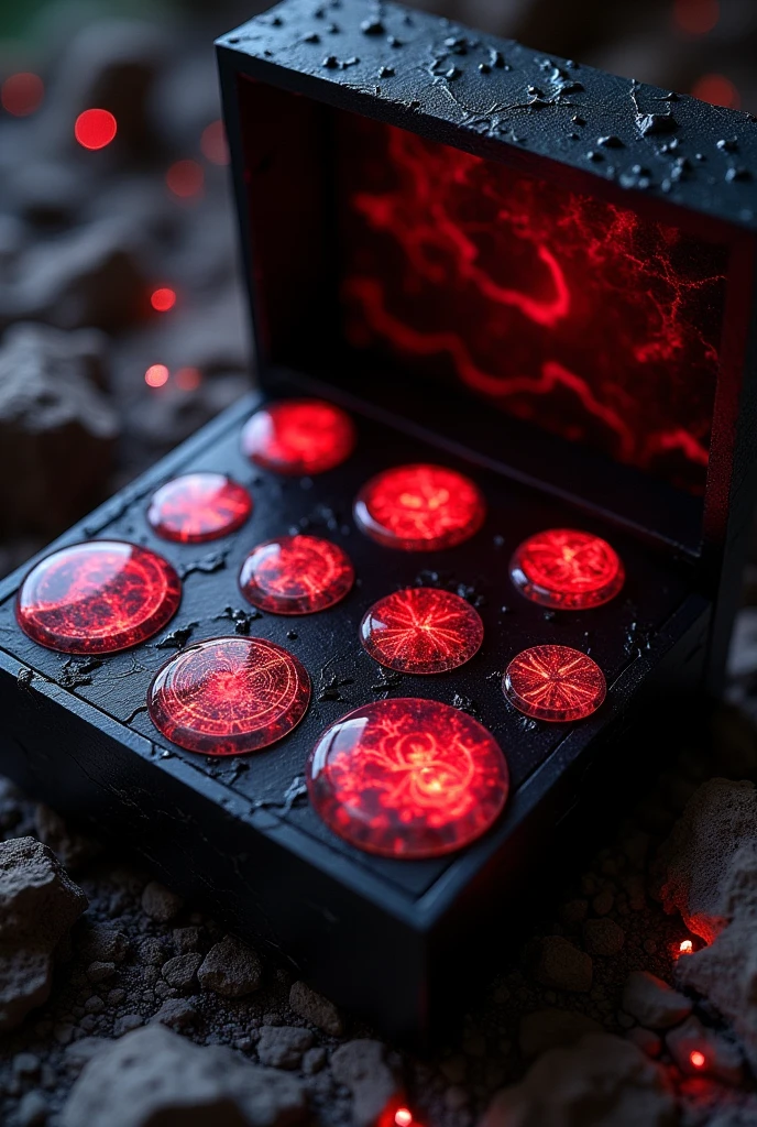 Make a box with 10 red alien-style medallions of different shapes. 