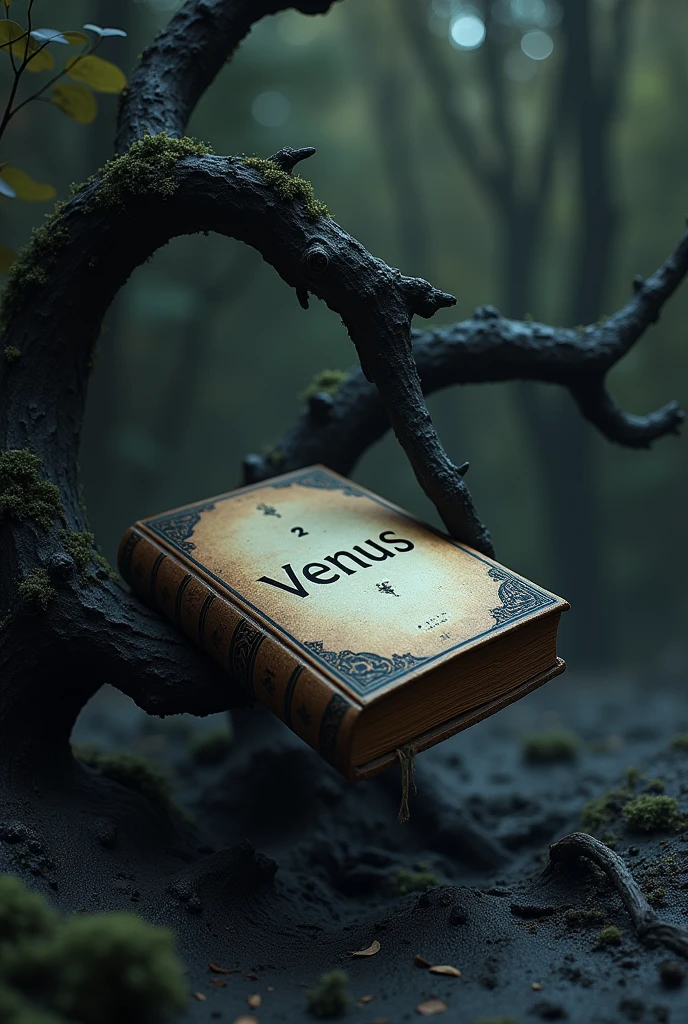 a mysterious book with Venus written on the cover,placed in a kind of diabolical plant, so that he holds him in the air, as if holding him with his branches,  he is surrounded by a black mud and has characteristics of an umbra environment