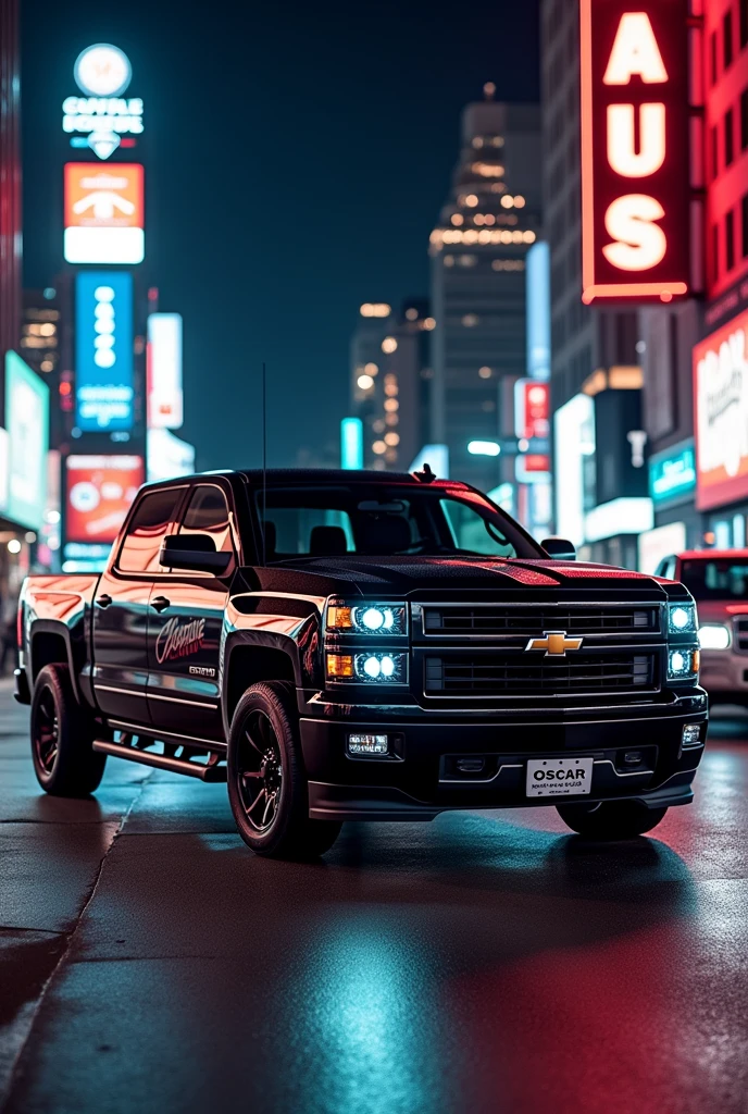 Animated cool image of a 2014 Chevy Silverado all black truck with only a chrome grill, medium size, side profile with the words Cheyenne on the door, full truck image, 4 door made for racing streets, with the name Oscar on the license plate  