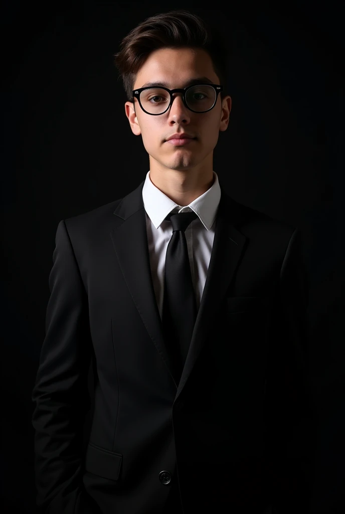  boy, having good fitness, wearing spectacles in formal dress in black background 