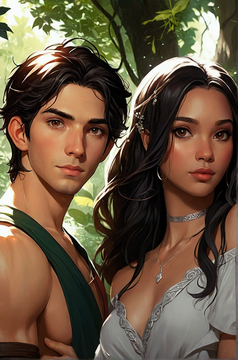 Há um homem e uma mulheR juntos na floResta, R, no estilo aRtístico de bowateR, capa de Romance, Estilo de aRte de fantasia, neoaRtcoRe e chaRlie bowateR, estilo de aRte Realista, IlustRação digital de anime