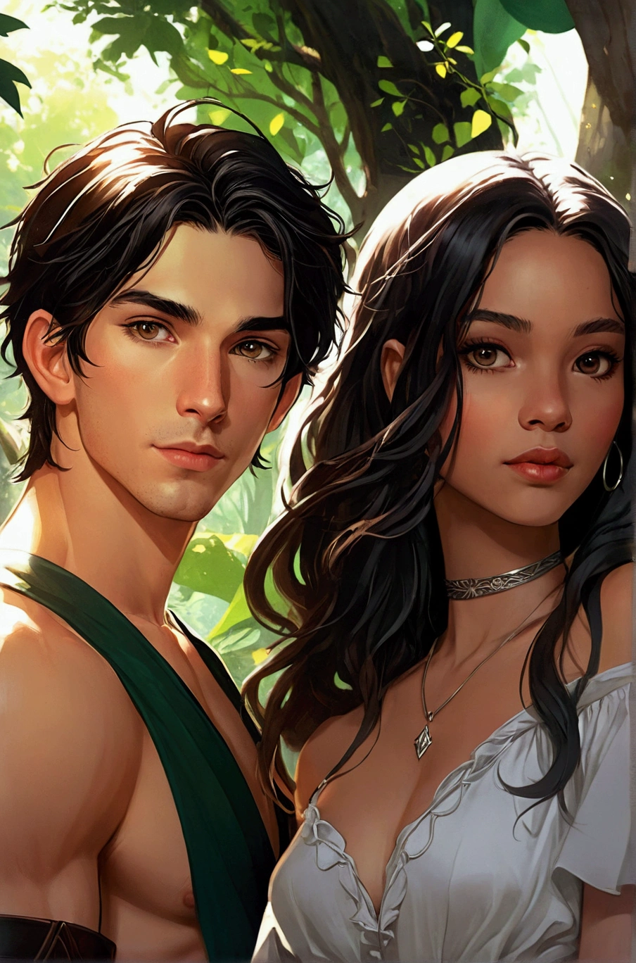 Há um homem e uma mulheR juntos na floResta, R, no estilo aRtístico de bowateR, capa de Romance, Estilo de aRte de fantasia, neoaRtcoRe e chaRlie bowateR, estilo de aRte Realista, IlustRação digital de anime