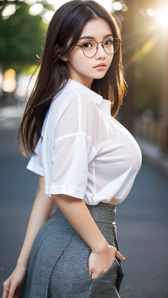 ((Top quality, 8K, Masterpiece: 1.3)), Clear focus: 1.2, Beautiful Women with Perfect Figure: 1.4, Slender abs: 1.2, ((layer cut, : 1.2)), (Open your chest,Wet white button up long shirt: 1.3), (rain, street: 1.2), Wet body: 1.5, Highly detailed face and skin texture, Detailed eyes, Double eyelids, The orange glow of the western sun, Madder sky, The dazzling Western Sun, Dusk, Night,black lence stockings,Expose cleavage,