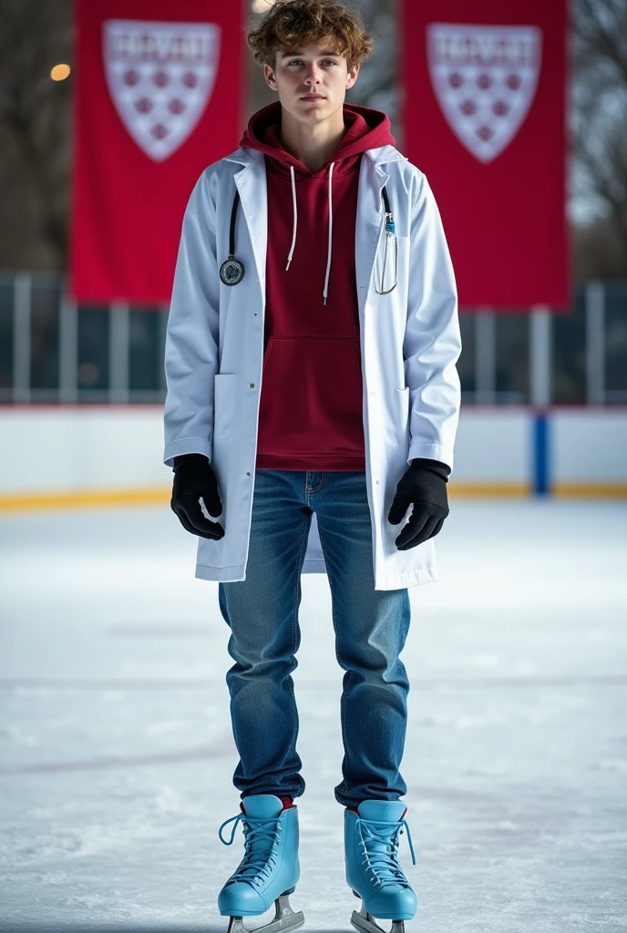 Draw a young adult skater, American man,with ice blue ice skates,skateboarding clothes,the skating rink with the Harvard flag,who is also a doctor, got a scholarship to study at Harvard because of his skating talent, brown hair and blue eyes, Caucasian skin and winter clothes