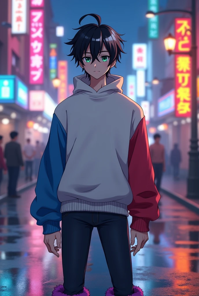 anime version, male, medium, black hair with a white streak, white skin, monochrome one eye black and the other green, white sweater with one blue sleeve and the other red, dark jeans and purple shoes.

