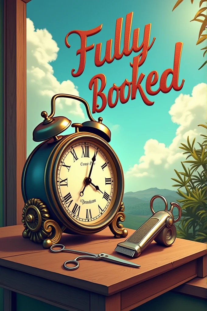 Make a clock, and a hair clipper and scissors, and write the following sentence: Fully booked