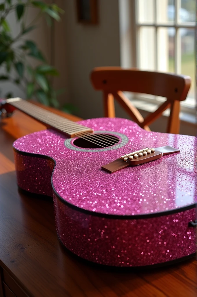 An acoustic guitar decorated with extremely bright pink glitter on top of a table with a top-down view