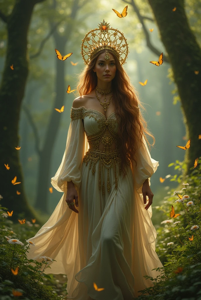 Create a work of art featuring a forest goddess, of abundance and fertility. She is walking gracefully through a forest, Her hair is adorned with a golden crown with jewels, Butterflies fly, ultrarealistic, and she is a druid queen