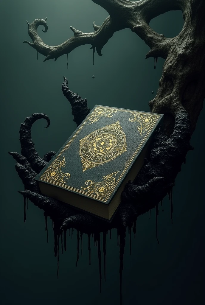 a mysterious book with Venus written on the cover,placed in a kind of diabolical plant, so that he holds him in the air, as if holding him with his branches, he is surrounded by a black mud and has characteristics of an umbra environment